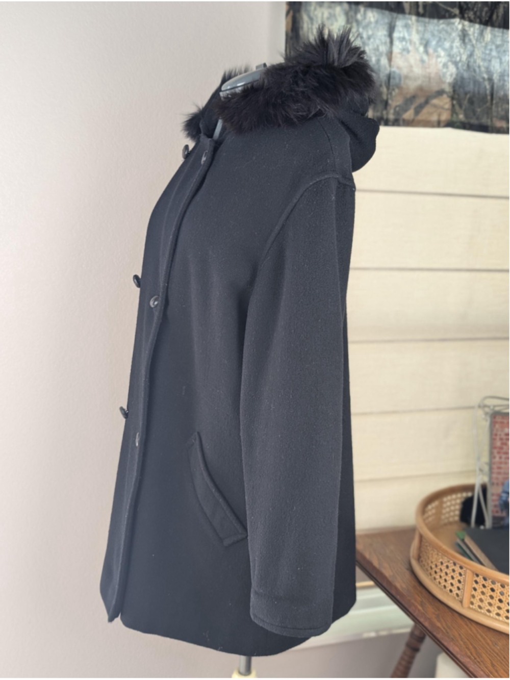 Vintage Forecaster Black Wool Coat – Faux Fur Hood – Double Breasted – Women’s W - Picture 6 of 16